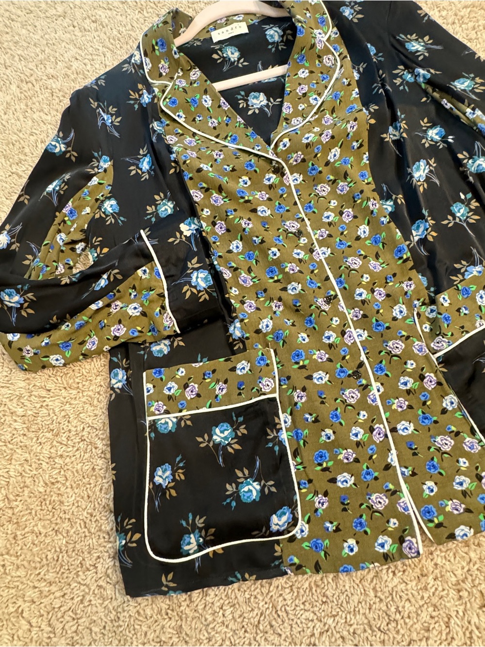 NWT Sandro Paris Crepe & Satin Noisette Shirt In Black Floral Size 3 - Picture 4 of 11